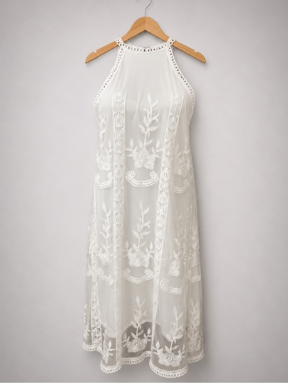 Jun & Ivy White Embroidered Lace Halter Midi Dress Boho Bridal Size M